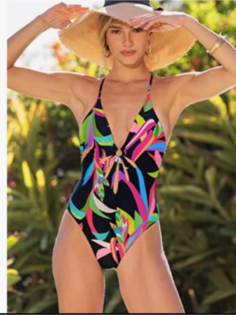 Trina Turk Birds of Paradise O-Ring One Piece Swimsuit Size 10 cutouts